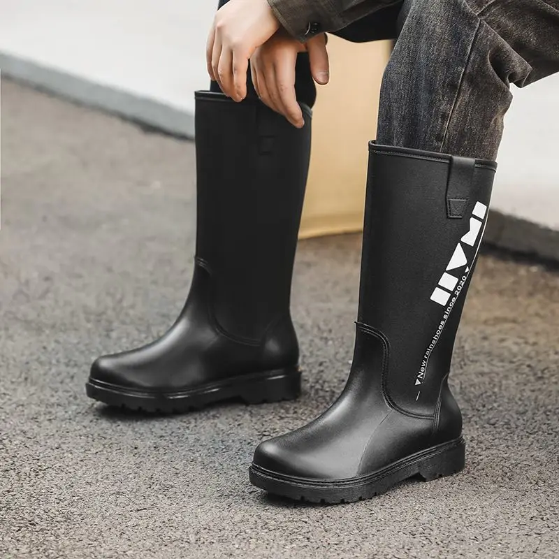 

Long Waterproof Fleece-lined Warm Farming Men's Rain Boots Winter Fashion Comfortable Non-slip Wide Toes Outdoor Work Male Shoes
