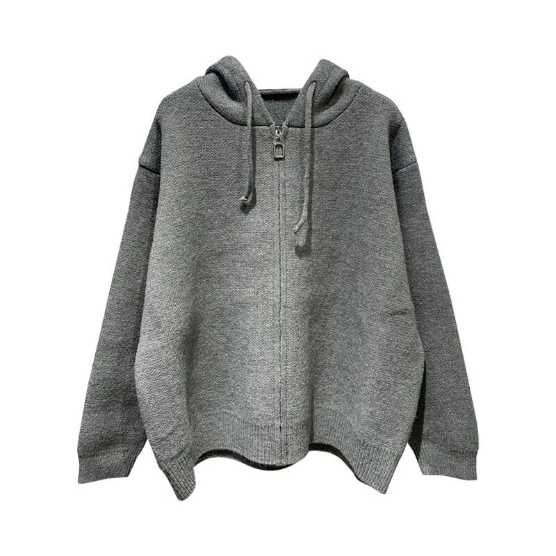 Ladies' Hooded Knitted Zipper Loose Fit Sweatirt Outerwear Pure Color Korean Sle Casual Autumn Faion Slimming Cardigan