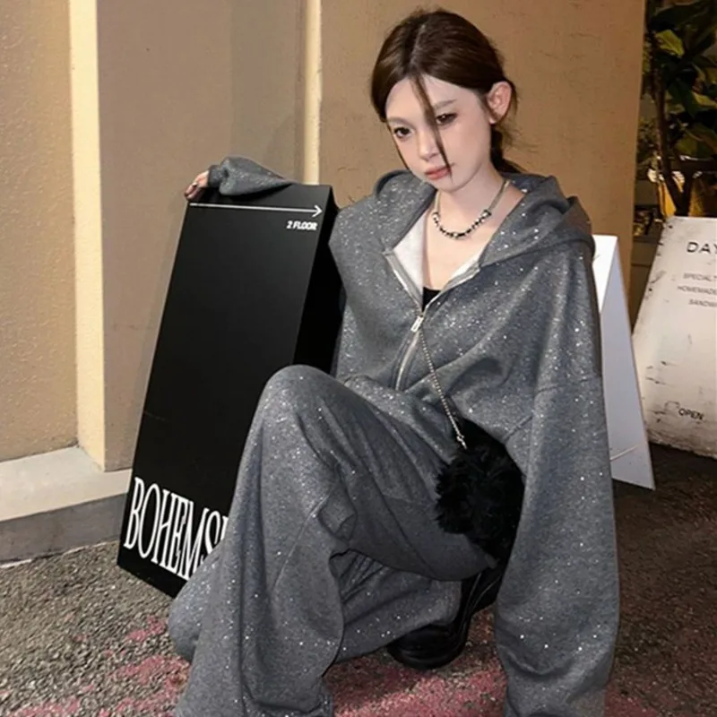 Women Autumn Winter Shimmer Hoodie Tracksuit Loose Casual Dark Grey Zip Up Sweatshirt Two Piece Leisure Outfit view 4