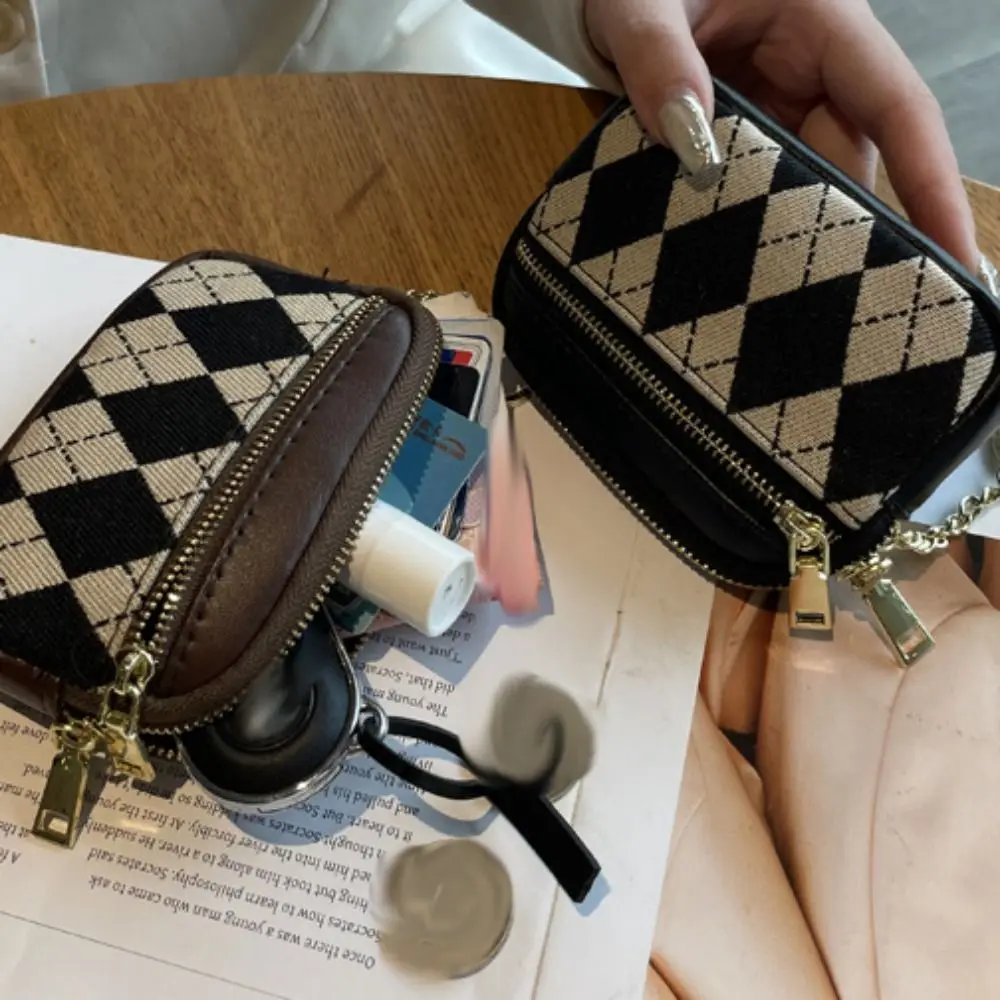 Portable Three Layers Rhombus Plaid Wallet Mini Zipper Coin Purse, estilo coreano, fone de ouvido, Small Item Bag for Men, cor sólida