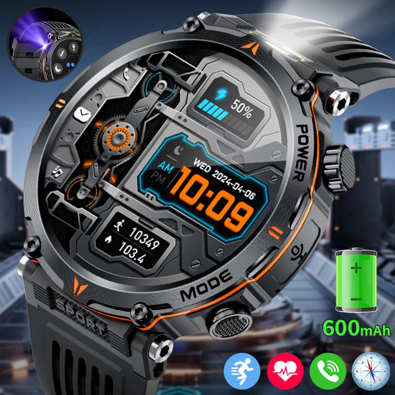 

New Military Sports Smart Watch Men 1.77"Compass LED Flashlight 600mAh IP68 Waterproof Bluetooth Call Smartwatch For Android ios