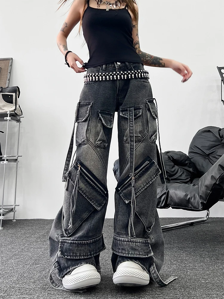 

Retro American Heavy Du Multi ket Workwear Jeans Abba Punk Wide Leg Floor Length Pants Casual Outdoor Leisure Jeans