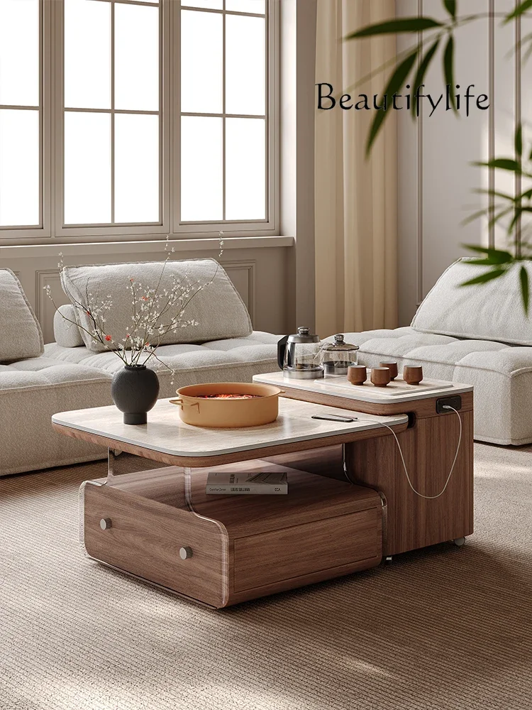 X35 Rock Slab Coffee Table Living Room Apartment Multi-functional Movable Side Table Light Luxury Sense Medium And Ancient Sty
