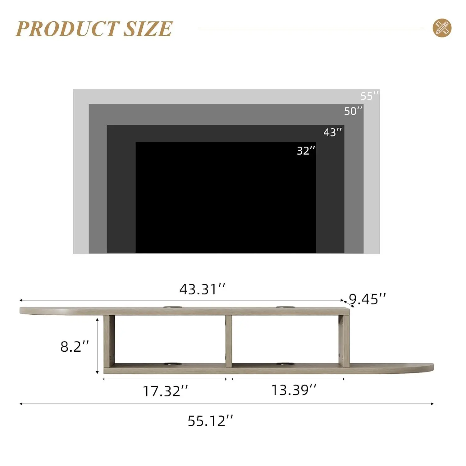 55-Inch Floating TV Stand Wall Mounted Entertainment Center Grey, Customized
