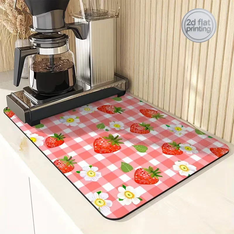 1PCS Tapete Absorbente de Aguas Residuales con Diseño de Fresa en Acuarela, Tapete para Drenaje de Cocina, Tapete para Té, Tapete para Café, Tapete Absorbente para Inodoro, Tapete de Secado para Utensilios de Cocina y Hogar