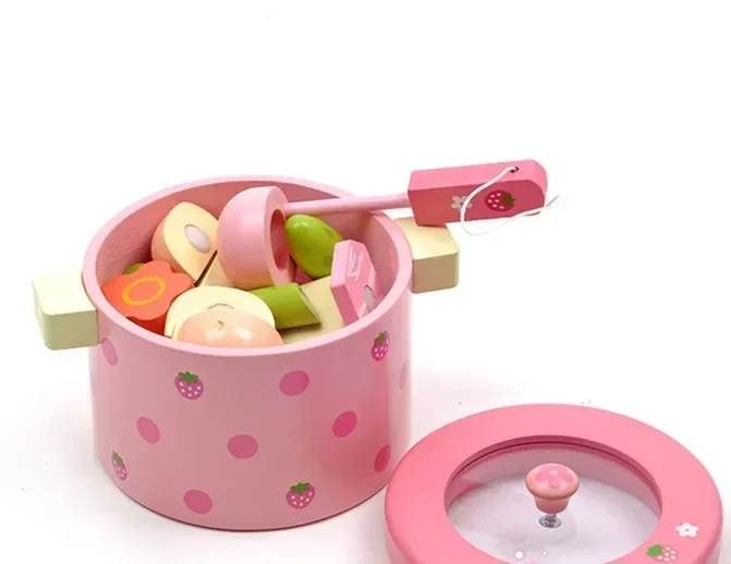 [Funny] Play house toy Simulation Vegetable Hot Pot Wooden Toys kitchen cook Prentend Play Food Tofu Knife Pan Set Birthday Gift