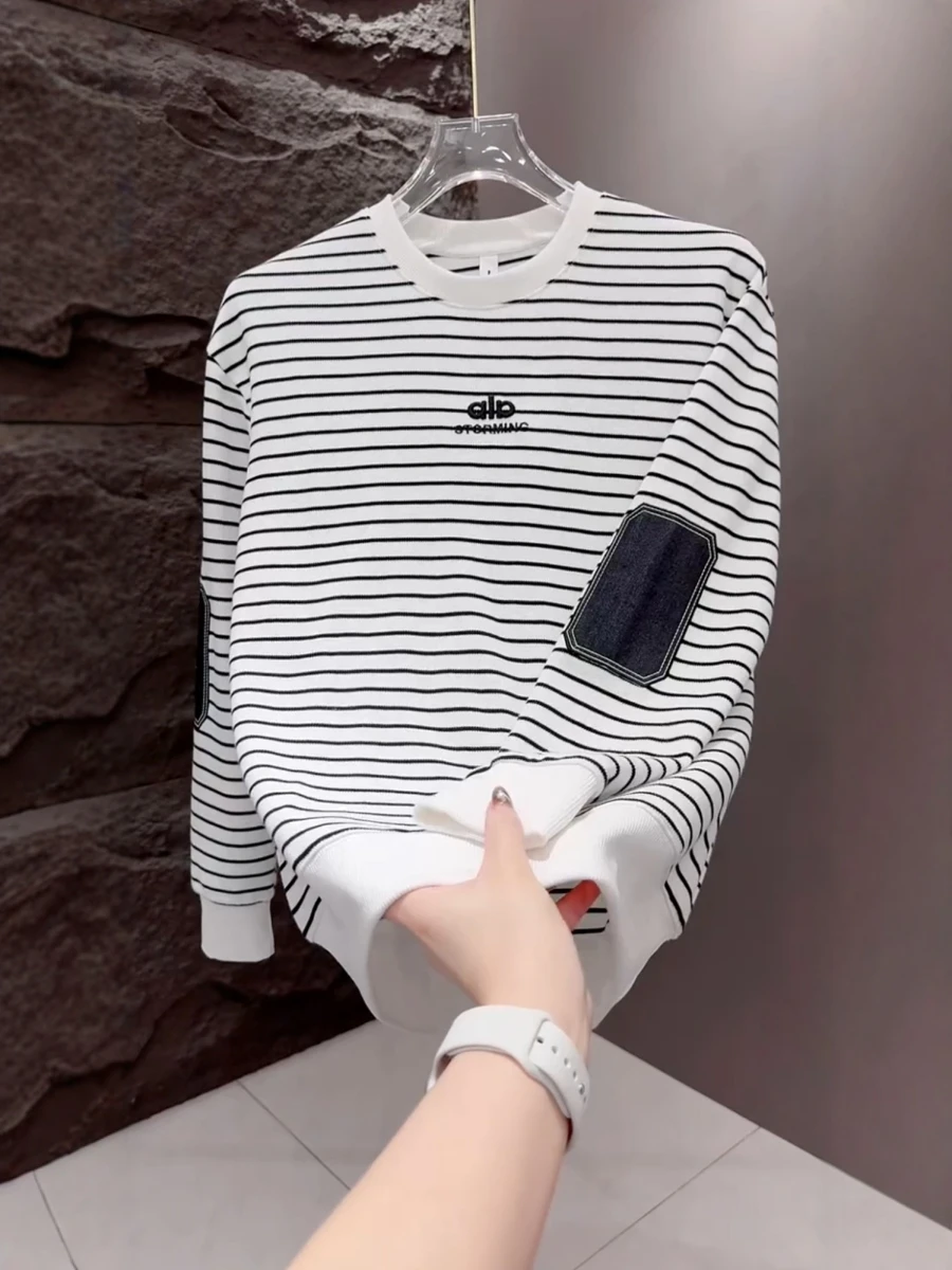 

Модный полосатый свитшот с круглым вырезом для мужчин, новинка осенне-зимнего сезона, удобная футболка с длинным рукавом