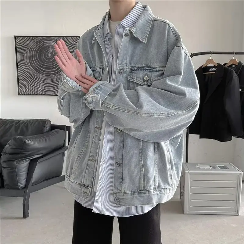 

men's Retro Oversize Denim Jackets Fashion Casual Long Sleeve Solid Button Down Chest Pocket Slim Stand-up Collar Teens Coat Hot