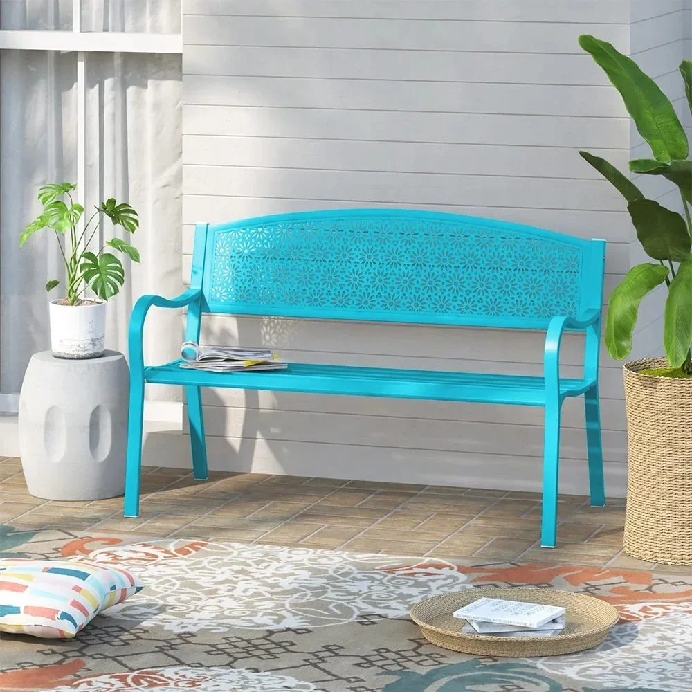 Outdoor Metal Garden Bench Steel Patio Loveseat Park Bench - Blue