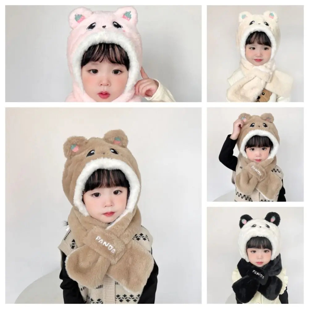 Headwear Cute Scarf Hat Set Cashmere Inside Full Face Cover Solid Neckerchief With Scarf Neck Warmer Children Plush Beanie