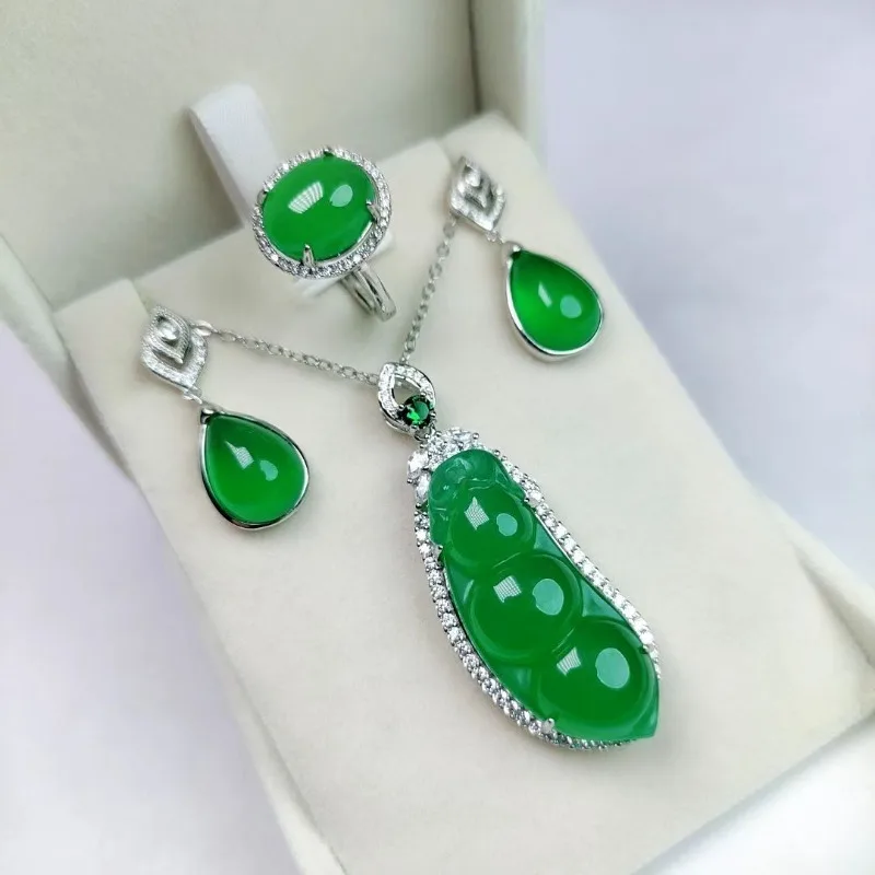 Natural silver inlaid chalcedony green beans set agate jade ring earrings pendant pendant three-piece set