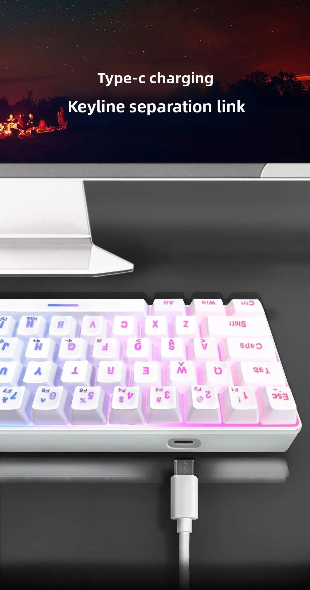 Teclado RGB Gamer 60% Keyboard Ergonomic Mini PC White Computer Keyboard Portable Backlit USB Wired Black Clavier Ordinateur