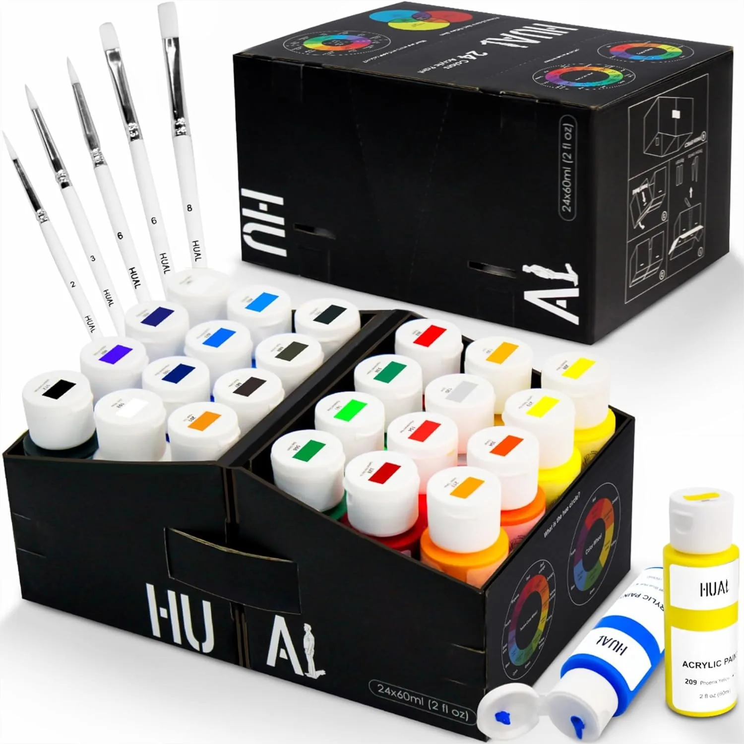 

Acrylic Paint Set With 5 Brushes 24 Colors 60ml 2oz For Artists Kids Beginners Canvas Rock Fabric Ceramic Wood Painting