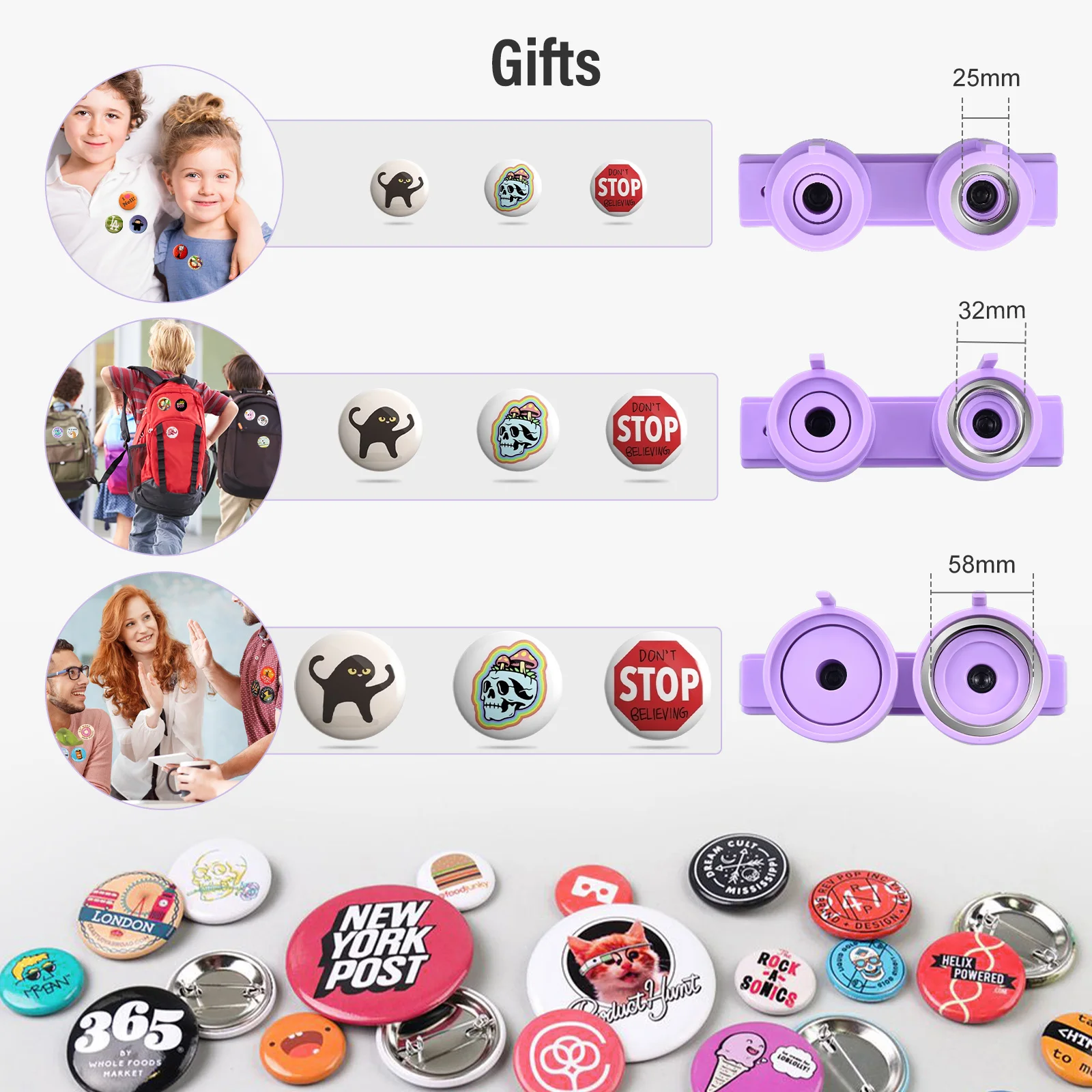For Beginner Purple Button Badge Maker Machine 25/32/58mm Button Pin Press Machine With Parts Supplies Birthday Christmas Gift