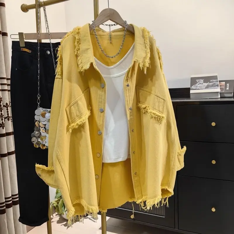 New Raw-Edge Denim Jacket for Women, Korean Style Loose Casual Versatile Spring and Autumn Fashion Design Long-Sleeve Top