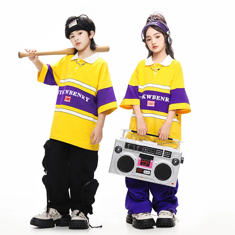 

Boys Hip Hop Yellow Polo Shirt Street Dance Shorts Girls Loose Cargo Pants Children Streetwear Kids Jazz Costumes Clothes Sets