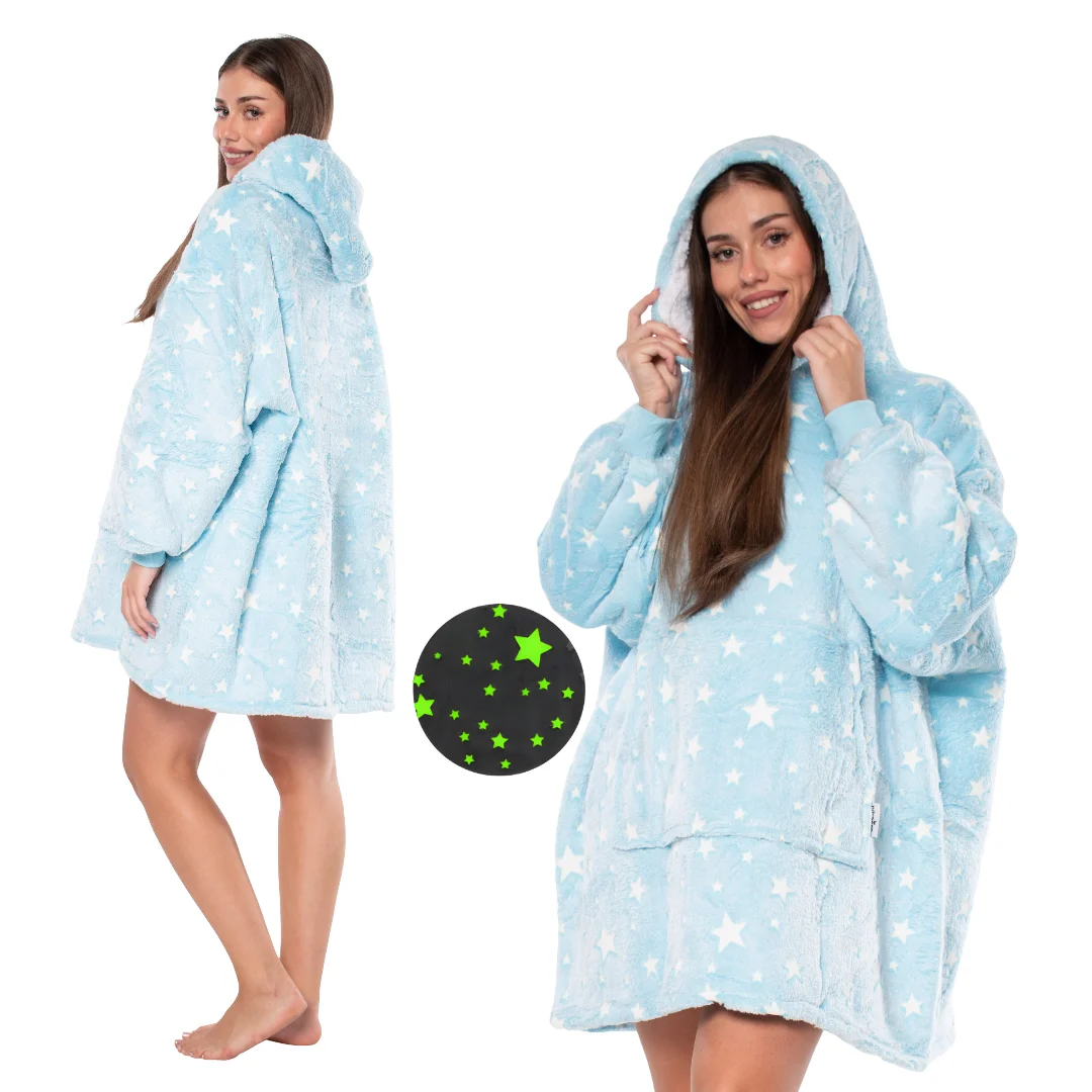 Kocoblus Sweatshirtdeken 2 in 1 Oversize Warme Sherpa Blauwe Sterren Dikke Pyjama Met Capuchon Kangoeroe Dames Heren Cadeau