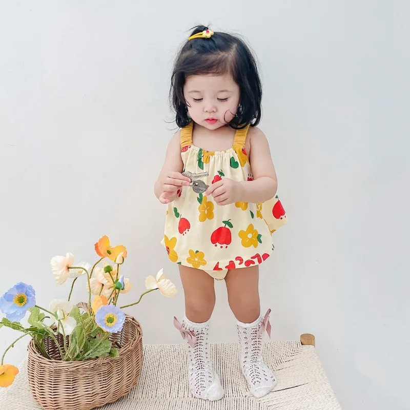 

Baby clothes cartoon strap baby clothing summer pure cotton women's treasure set one year old children's clothing 2PCS ins