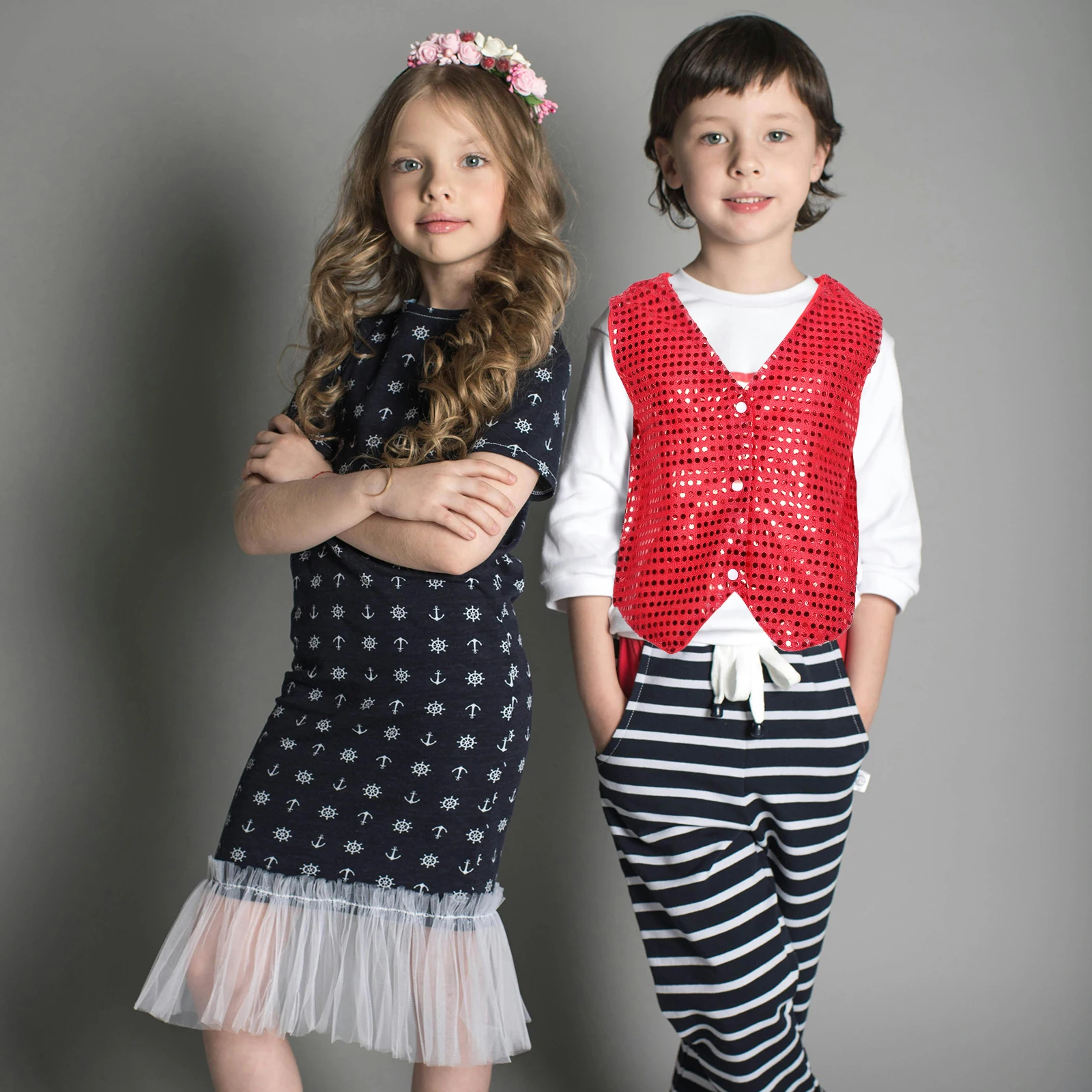 Kids Sequin Vest Red 140cm Hip Hop Dance Performance Jazz Party Shiny Glitter Jacket Boys Girls Stage Costume Tops