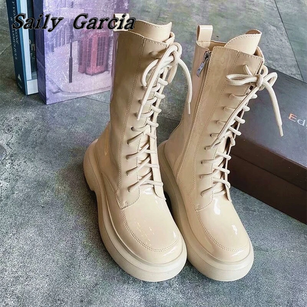 Round Toe Thick Fluorescent Green Sole Motorcycle Boots 2023 Punk Style Lace Up Women Boots Microfiber Leather Mixed Color Shoes