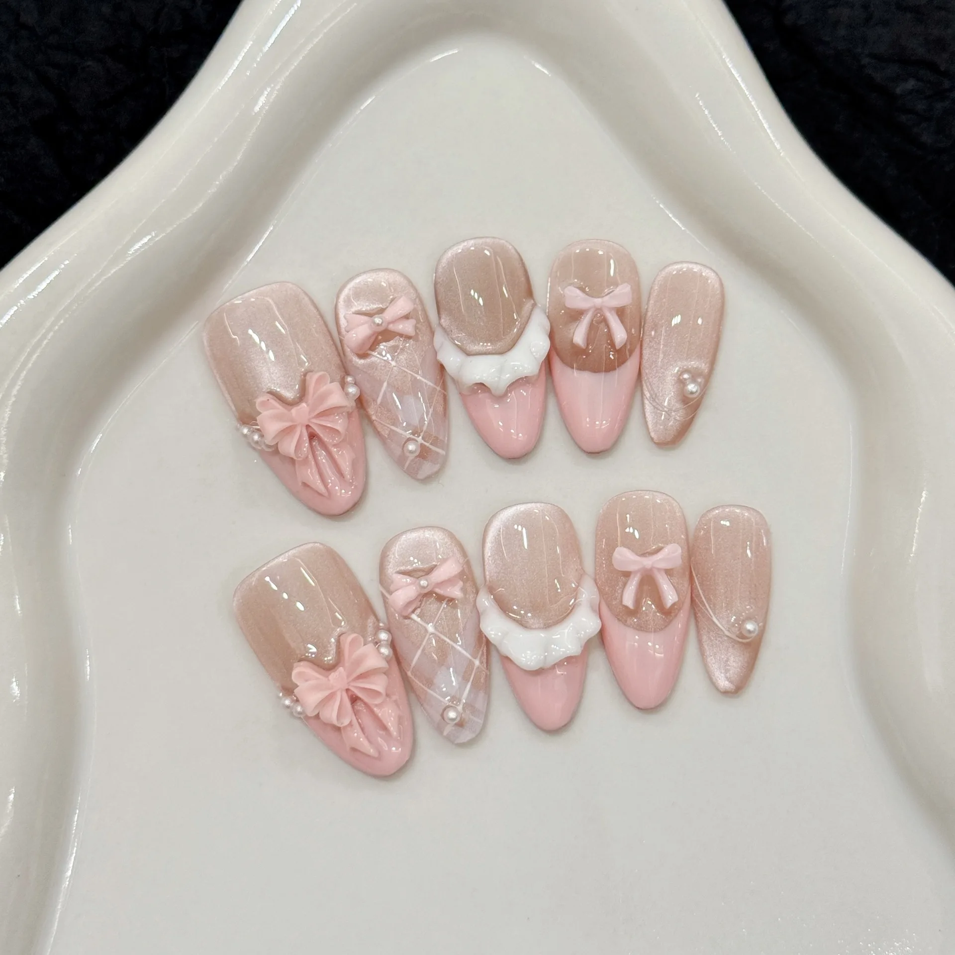 

10Pcs Cat's Eye Pink French Handmade False Nails 3D Bow Grid Pearl Fake Nails Press on Mid-length Almond Reusable Manicure Tips