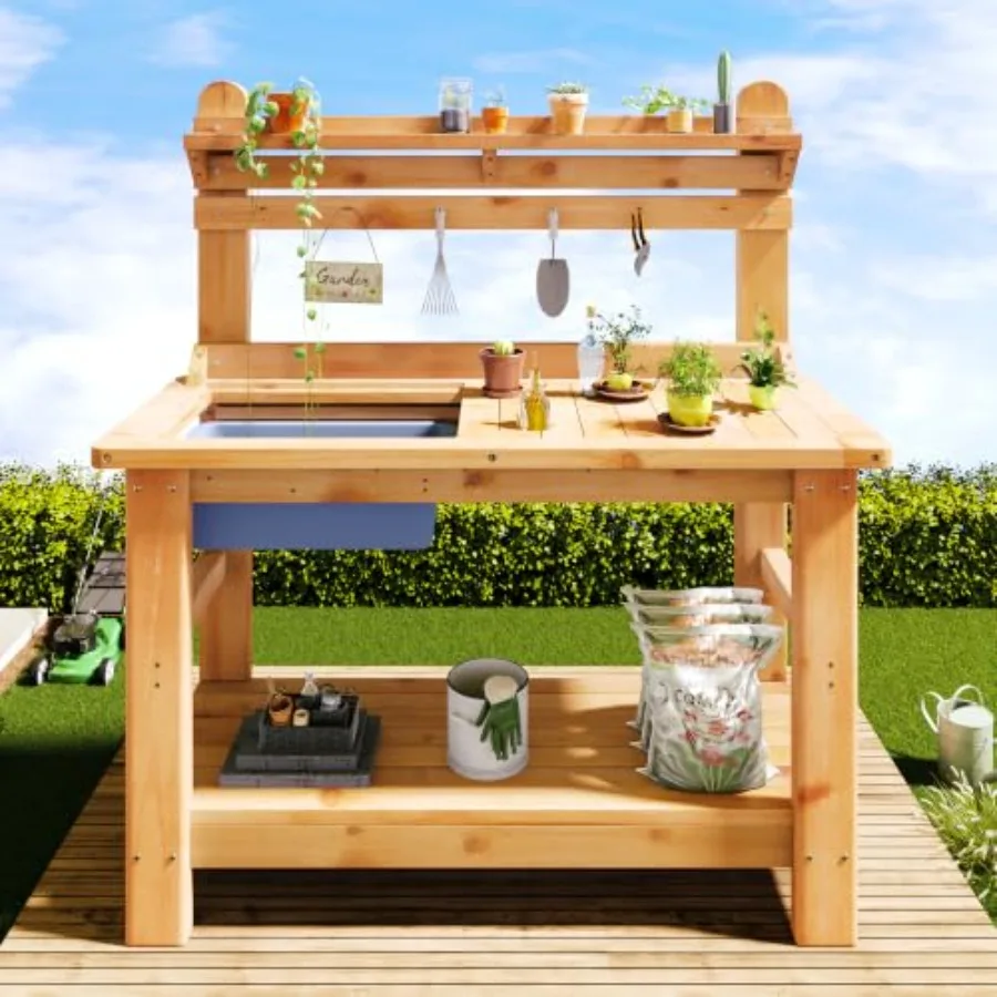 Outdoor Solid Wood Potting Bench with Large Tabletop, SinkandShelf