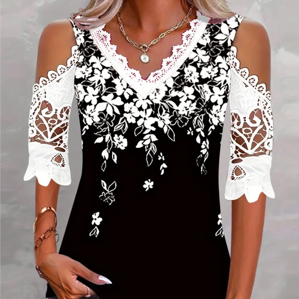 

Casual Spring Summer T-shirt Printed Fashionable Temperament Lace Splicing V-neck Dropped Shoulder Sleeves Hollow Splicing Top