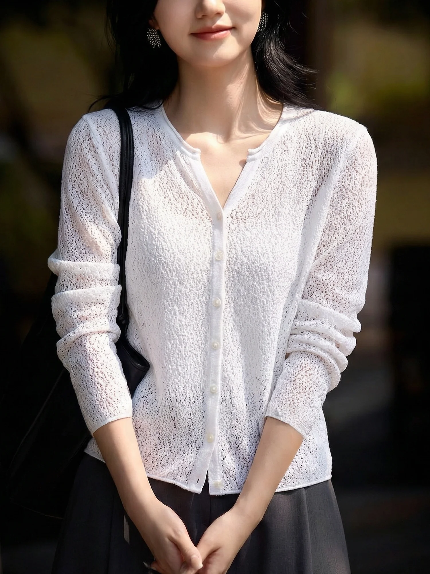 

Женский вязаный кардиган Ele V-Ne из шелка и шерсти с длинными рукавами и ажурным узором, весна 2026, дышащий и комфортный