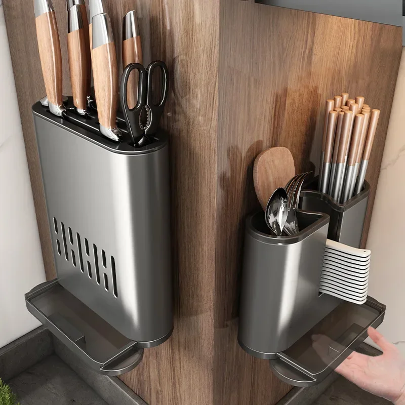 

Kitchen Rack Chopsticks Basket Holders Gun Gray Aluminum Household Drain Knife Holder Supplies Storage Wall Organizer Accessory