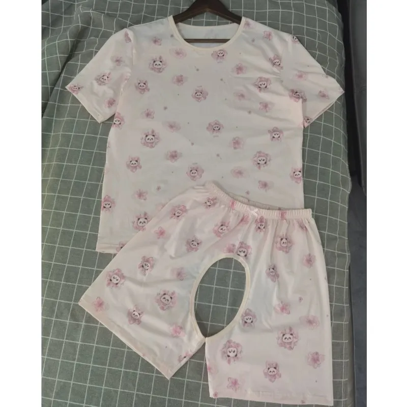 Summer Cotton ABDL Cute Printed Short-sleeved T-shirt Open Crotch Shorts Adult Breathable Comfortable COS Soft Home Clothes