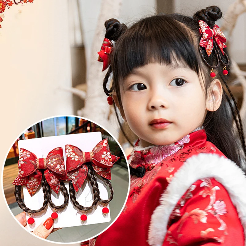 New Year Headwear for Kids Chinese Style Wigs Braided Hair Clips Hanfu Red Tassel Hairpins Girl Hair Accessory New Year Gift