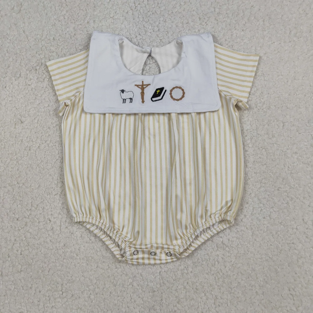Wholesale Newborn Baby Boy Easter Cross Clothes Kids Toddler Short Sleeves Embroidery Infant Children Stripes Bubble Romper