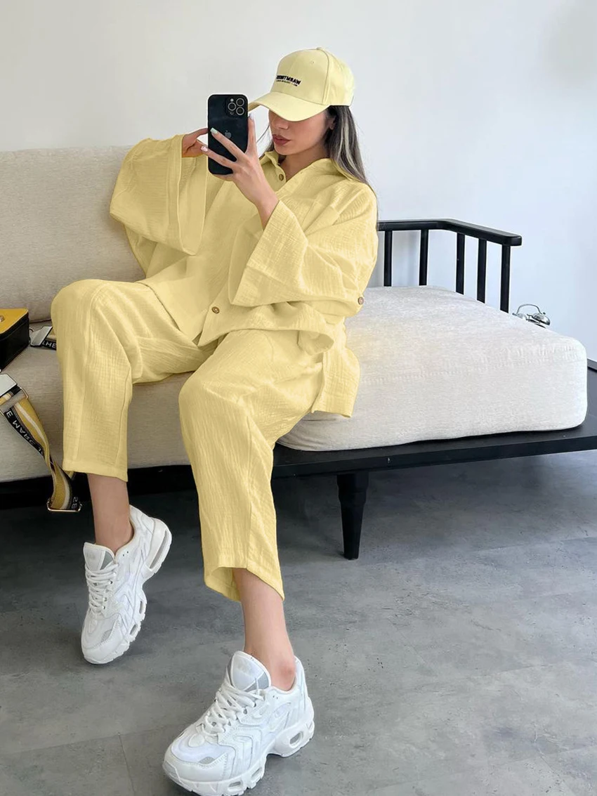 Marthaqiqi Casual Women Nightgowns Suit Long Sleeve Nightwear Turn-Down Collar Sleepwear Pants Loose  Ladies Pajamas 2 Piece Set