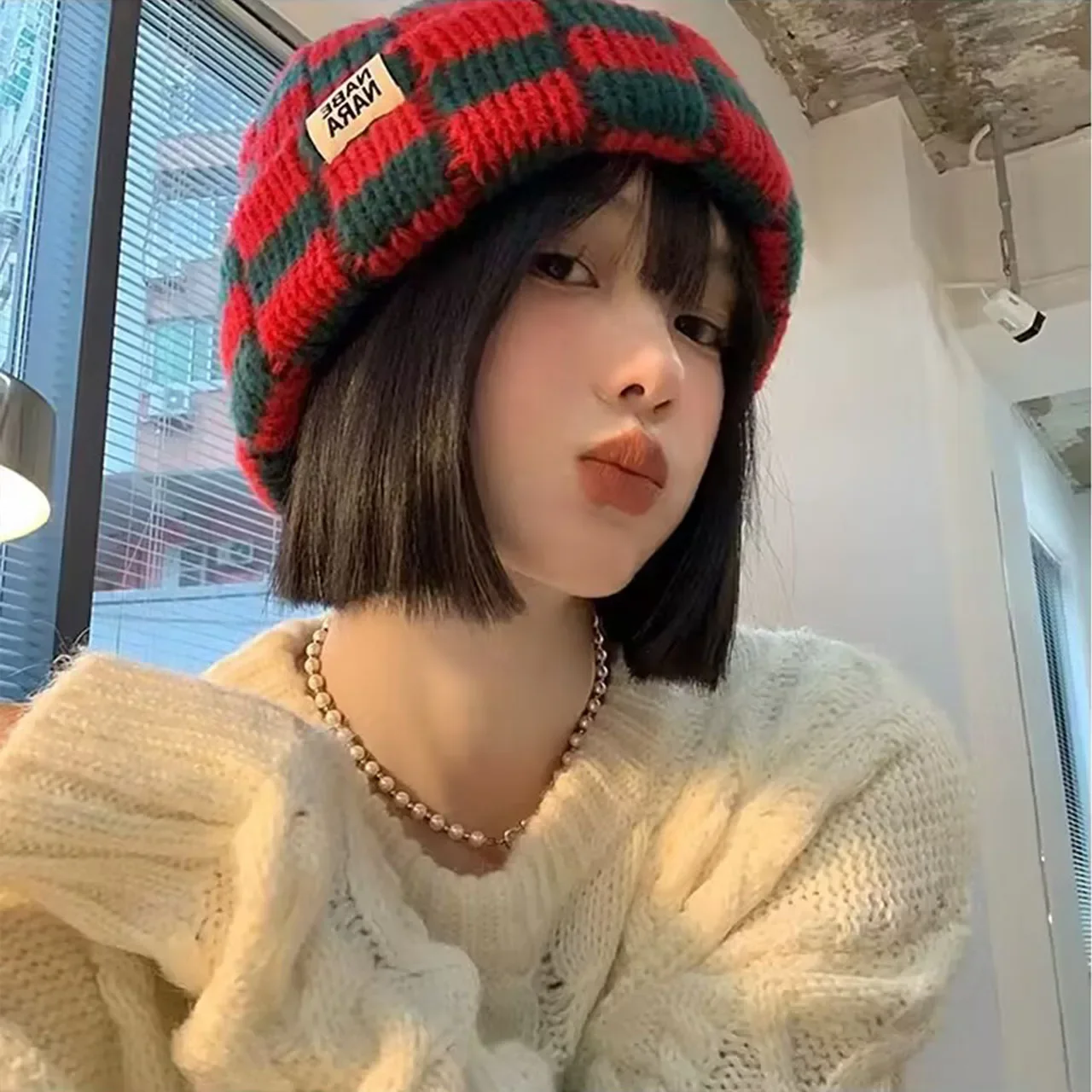 Korean Plaid Wool Knitted Beanie Cap For Women Elastic Winter Ear Warmer Skullies Caps Casual Outdoor Windproof Pullover Hats