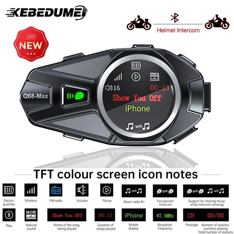 Q68 Max Motorcycle Intercom Helmet Headset Interphone With TFT Colour HD Screen, BT5.4 Intercomunicador Moto,Waterproof FM Radio