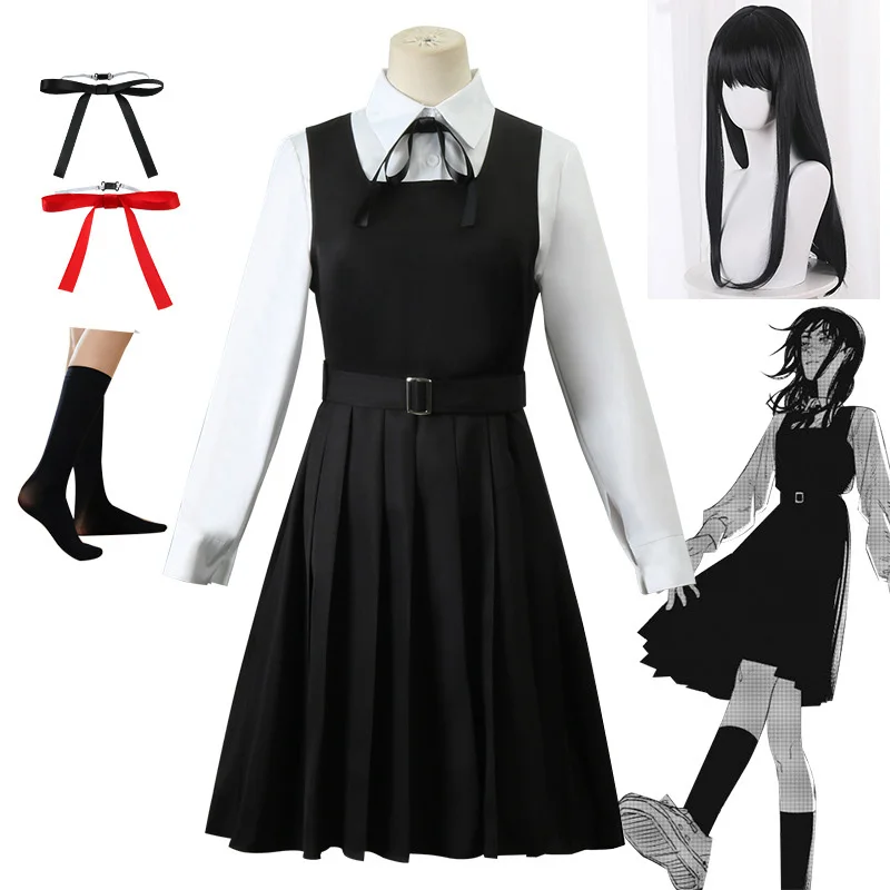 Anime motosserra fantasia cosplay para meninas e mulheres, 2 peruca preta, camisa social, uniforme JK do colegial, roupa diabo de guerra, ASA Mitaka