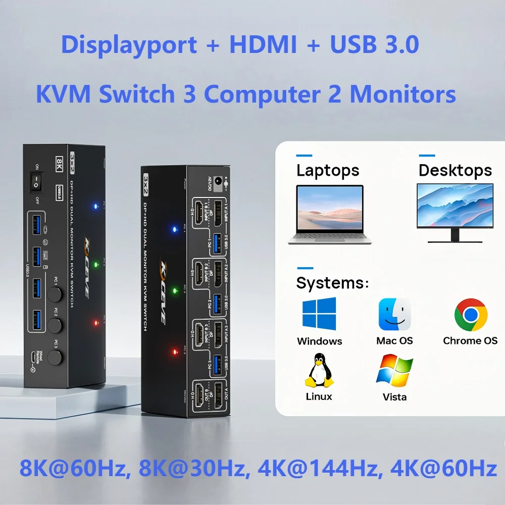 KVM-переключатель HDMI Displayport, 3 ПК, 2 монитора, 4K при 144 Гц, KVM-переключатель с двумя мониторами для 3 компьютеров, доступ к двумя мониторами, 4 порта USB 3.0