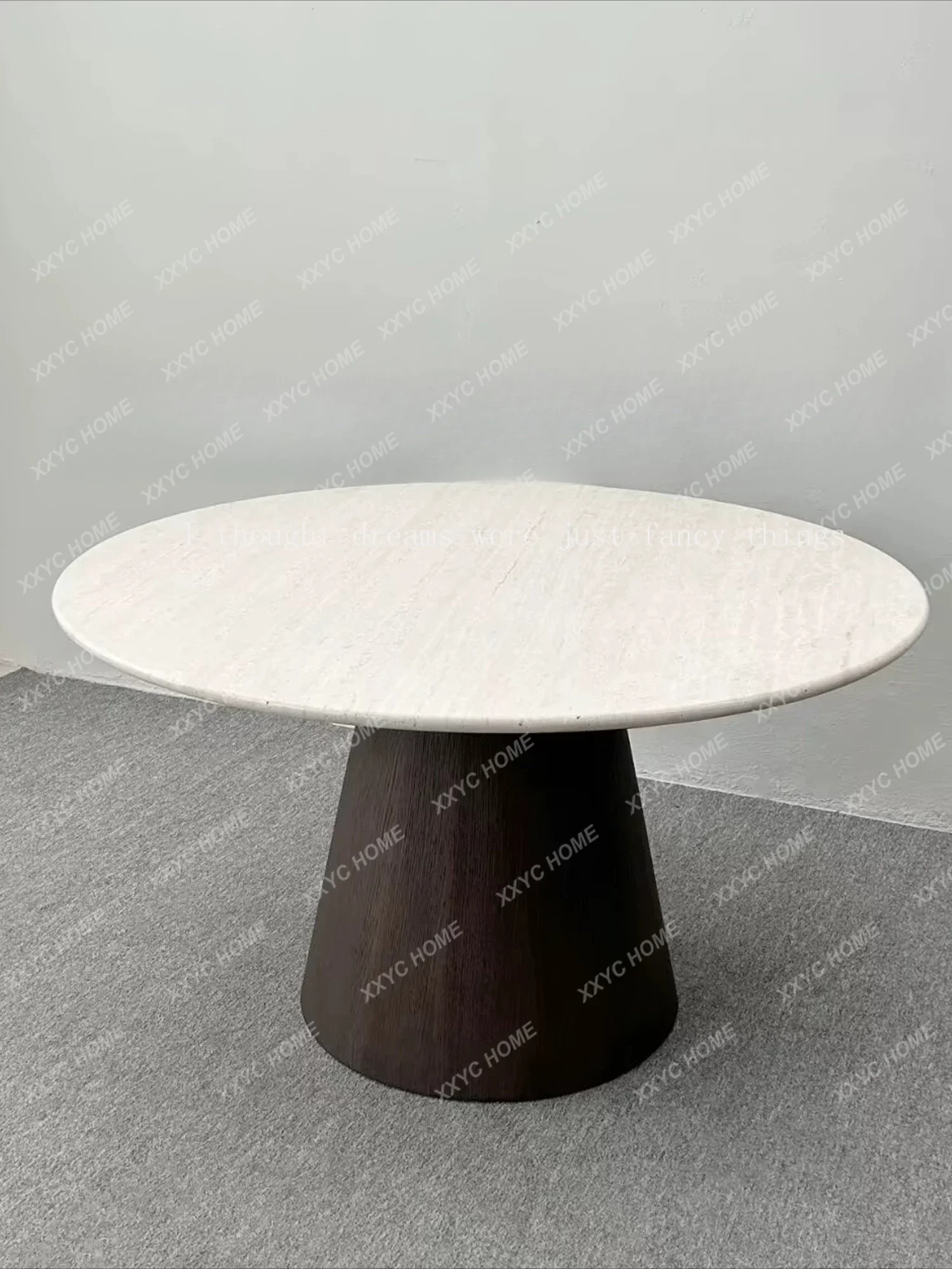 Medieval natural marble retro round dining table walnut foot small apartment travertine eating table