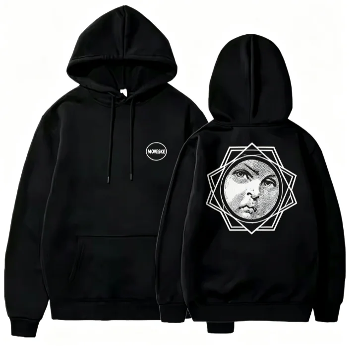 2026 Men Abstract Face‑Geometric Frame Graphic Hoodie Dual‑Side Vintage Art Print Oversized Loose Black Pullover Sweatshirt