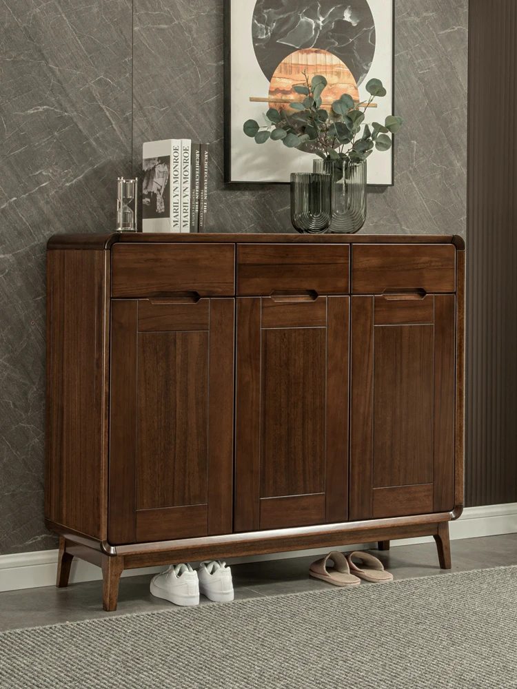

black walnut, three-door shoe cabinet, Nordic, solid wood large capacity, shoe rack, small apartment, household door