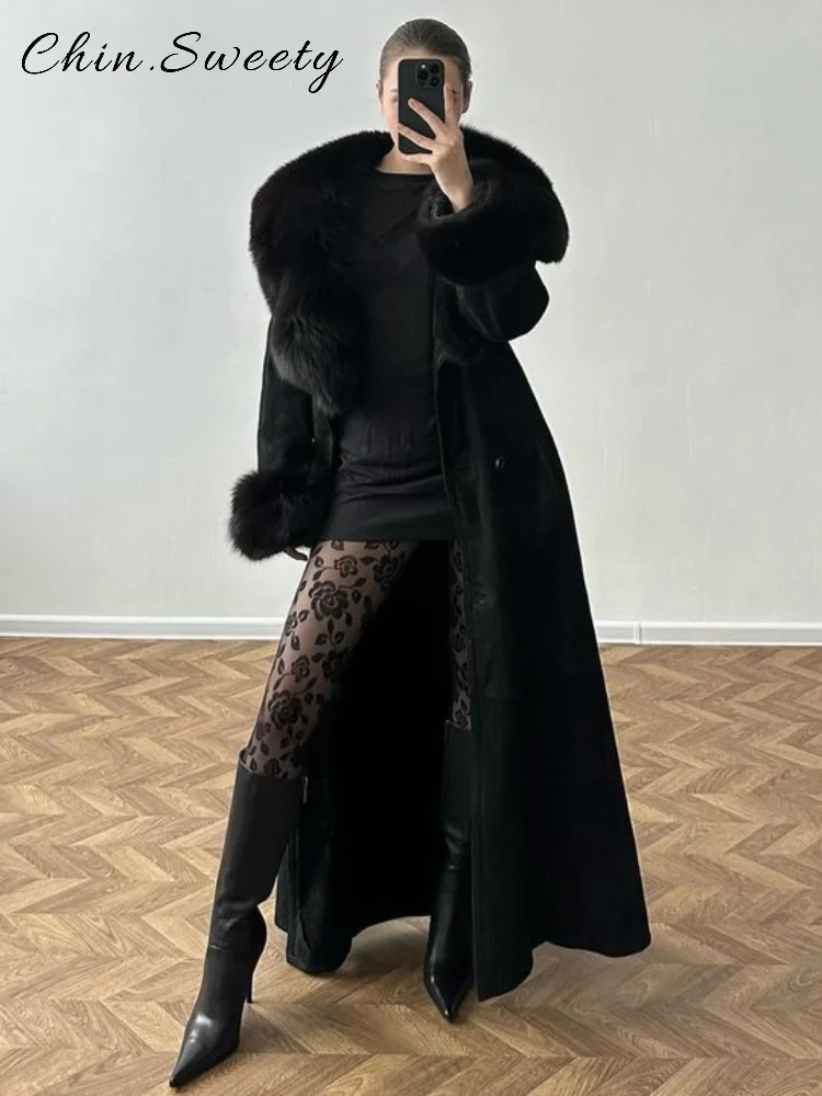 

Элегантное женское двубортное меховое пальто со шнуровкой и меховым воротником, длинное пальто с лацканами и длинными рукавами, осень-зима 2022, женская теплая верхняя одежда