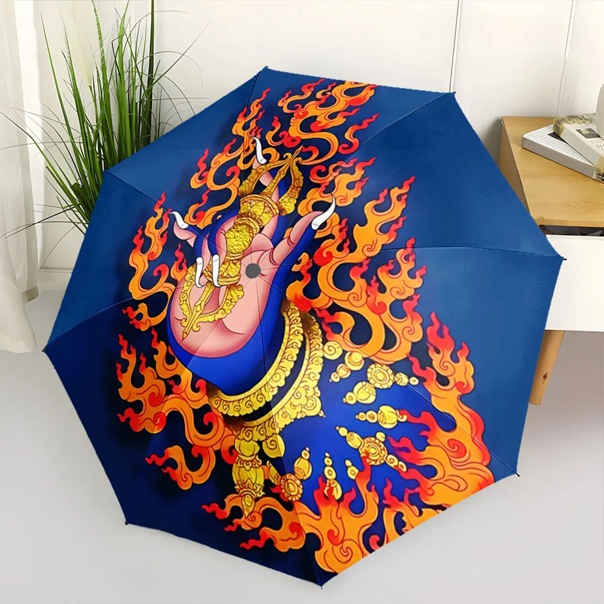 Hand of Flames Artwork with Detailed Gold Ornament Design portable waterproof sun rain umbrella for outdoor travel beach