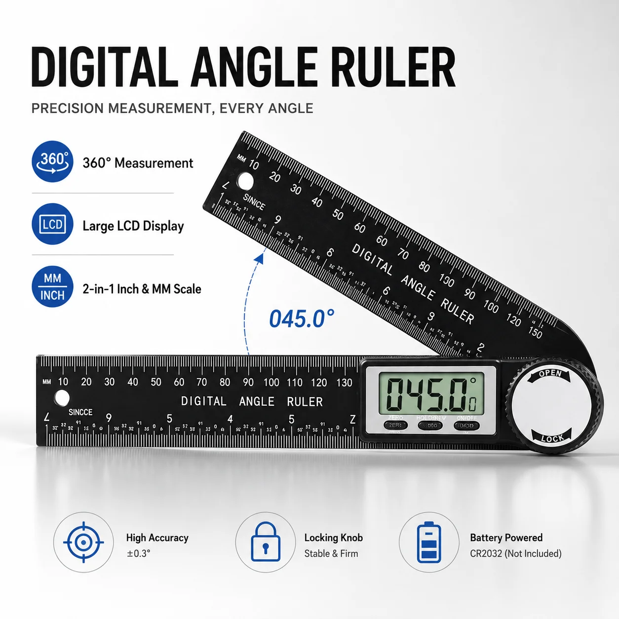 Detector de Ángulos Digital 2 en 1, 360° °   Regla de Medición de Ángulos de Alta Precisión, Herramienta de Medición para Trabajos en Madera, Nivel Multifunción
