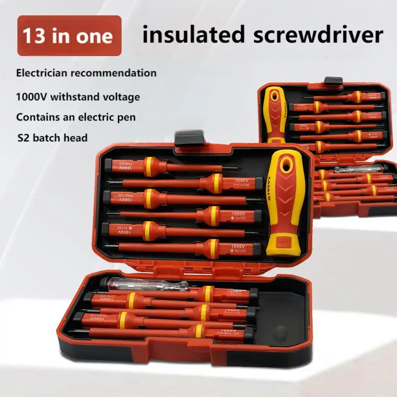 

13-Piece Insulated Screwdriver Set (Cross & Flat) for High-Voltage Electricians with Bit and Pliers