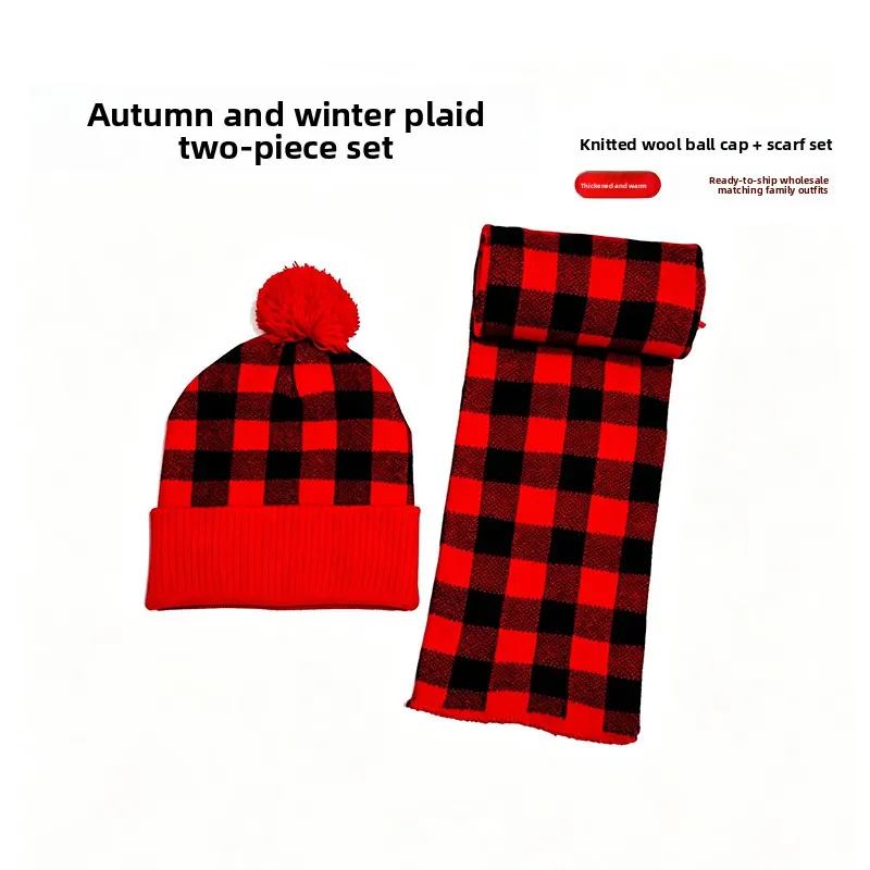 Red Black Plaid Knit Hat Scarf Set for Adults Kids 2 Piece Pom Pom Beanie Warm Winter Family Outdoor Accessories