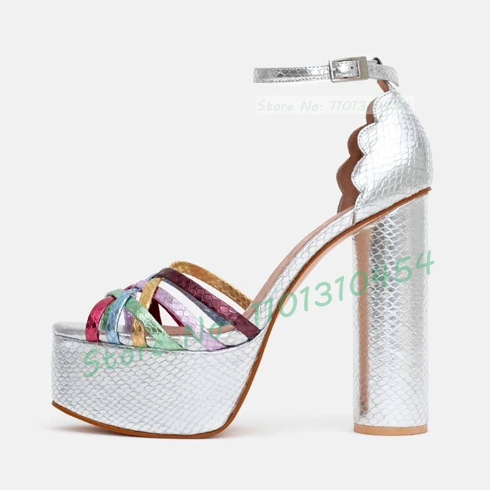 Coloful Metallic Platform Sandals Women Shining Rainbow Splicing Round Tip High Block Heels Ladies Summer Luxury Party Shoes