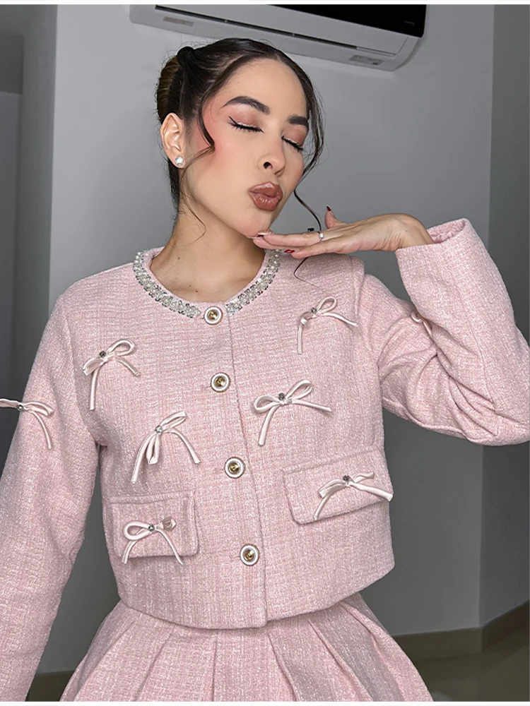 

Sweet Elegant Short Jacket Date Stylish Autumn Chic Bow Sequin Female Coat Trendy Cute Party Sophisticated Women Party Outfit