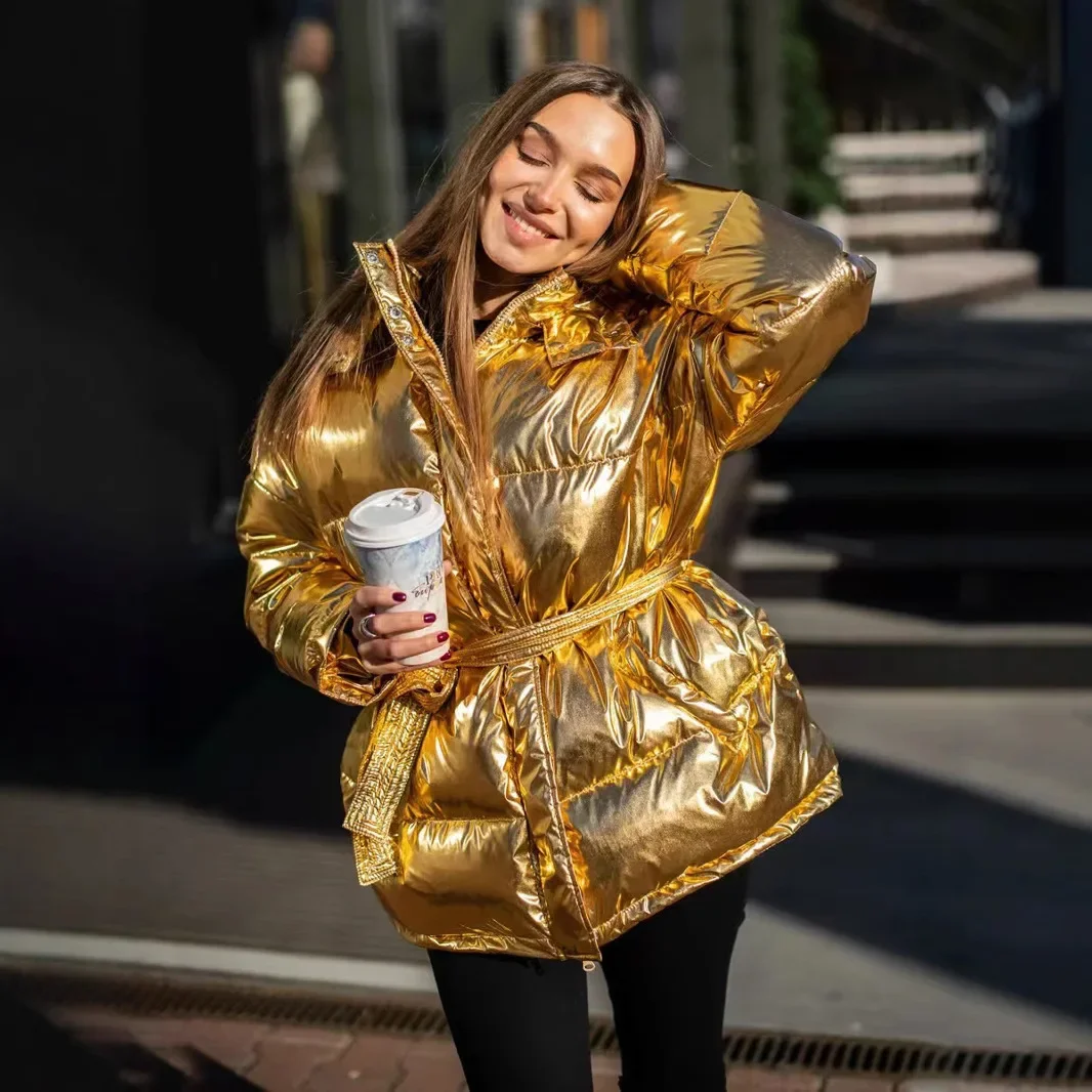 Street Style Cotton-padded Jacket Coat with Zipper for Women, Thickened and Shiny Warm Outwear with Hood and Waistband Pocket