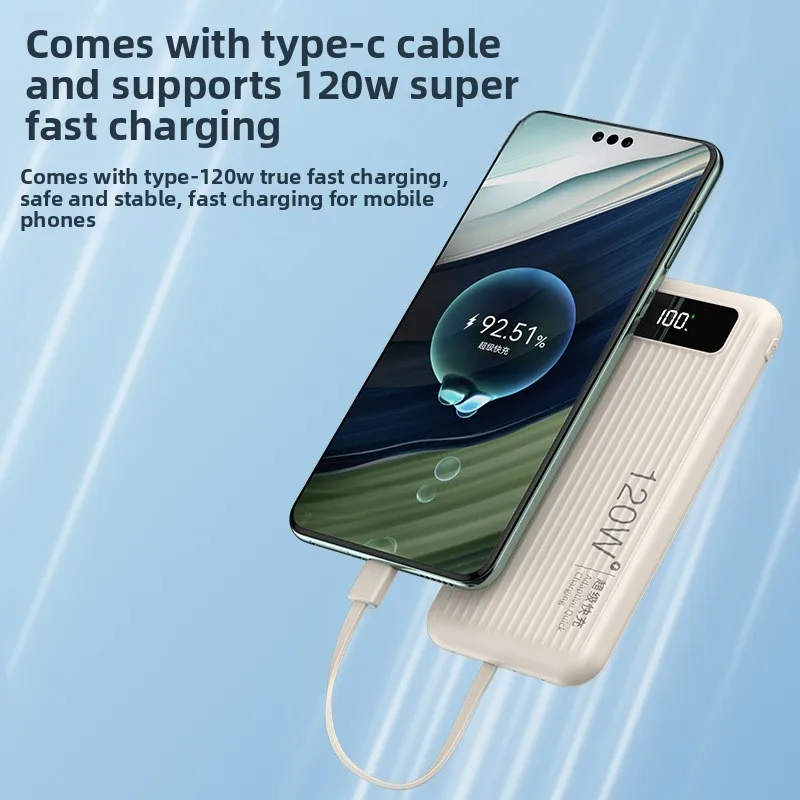 Powerbank 10000mAh 120W z wbudowanymi kablami, super szybkie ładowanie, do iPhone'a, Xiaomi, Huawei, Samsunga, lekki i cienki.