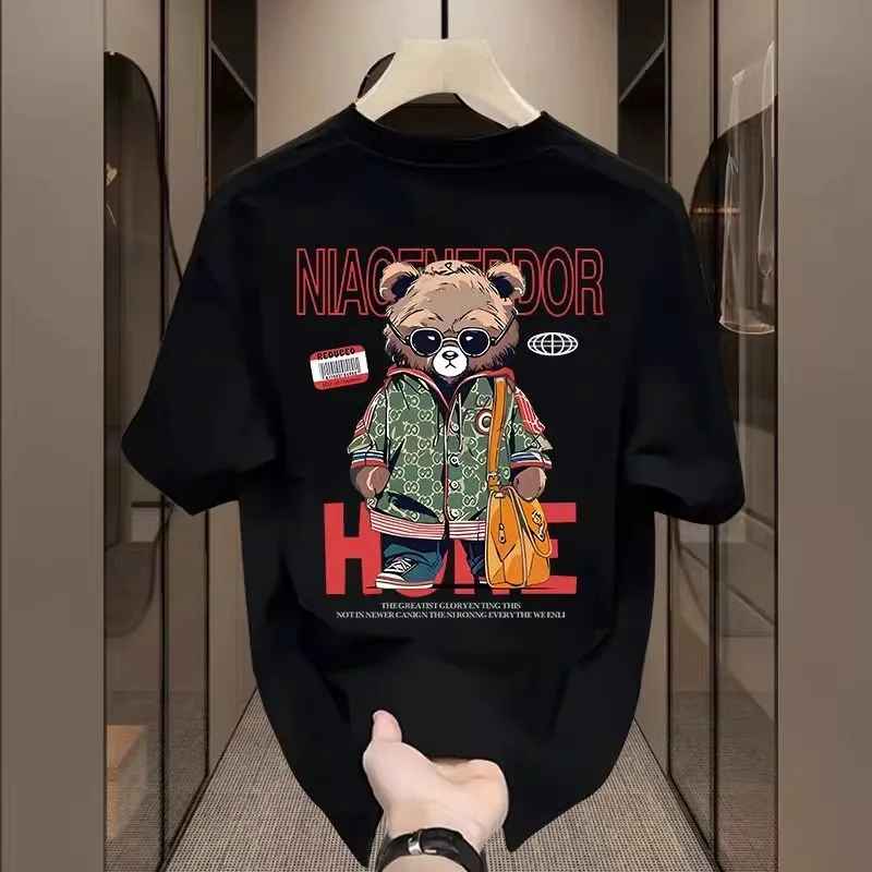 

Funny bear print high quality 100% cotton men's T-shirt 2025 summer street casual breathable round neck short-sleeved top